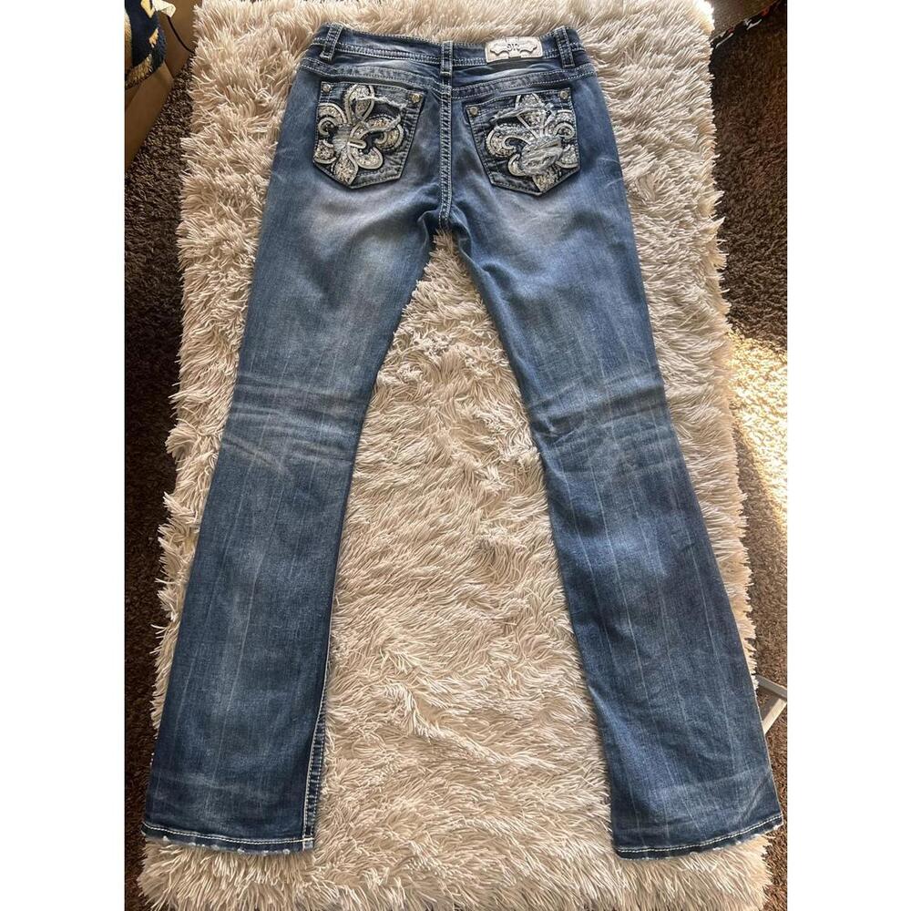 Miss Me Fleur De Lis Embroidered, Sequined, and Distressed Bootcut Jeans - Picture 2 of 9
